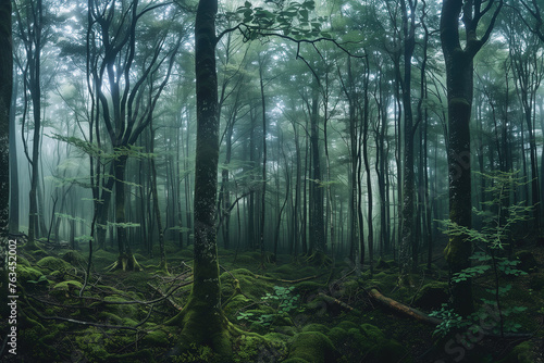 panoramic of a dense forest with a misty atmosphere 