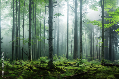 panoramic of a dense forest with a misty atmosphere 