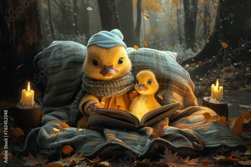 Nestled Amongst Leaves, a Kindly Duck Nurse Shares Enchanting Stories with Her Forest Friends at Dusk