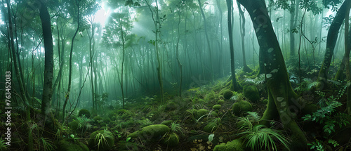 panoramic of a dense forest with a misty atmosphere 