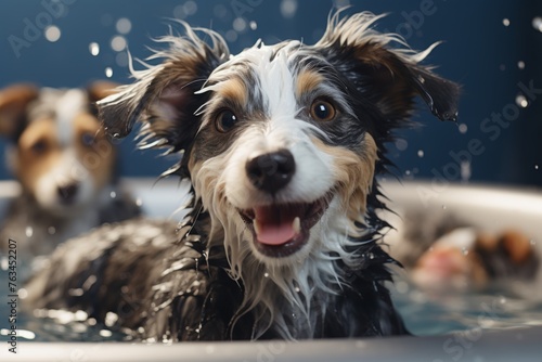 Schnauzer puppy bathing with shampoo and bubbles in bathtub. Pet grooming salon banner