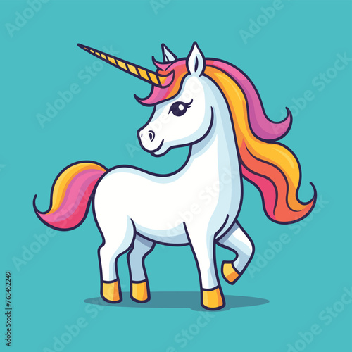 Colorful cartoon unicorn with a flowing rainbow mane stands gracefully on a blue background, exuding charm and whimsy for a magical fantasy theme.