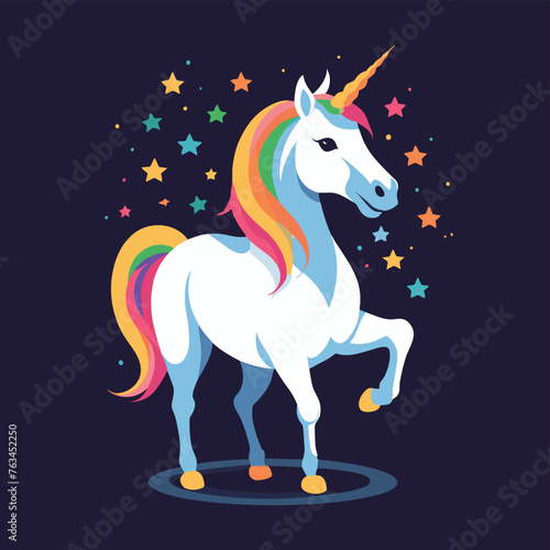 Colorful unicorn illustration with rainbow mane and tail, surrounded by stars on a dark background.