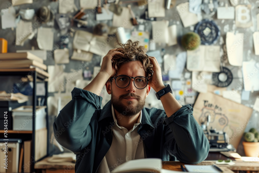 Obraz premium Stressed creative professional with curly hair, glasses, and smartwatch, clutching his head in a chaotic office, overwhelmed with ideas