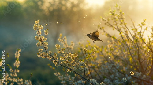 petit oiseau au printemps dans les arbres fruitiers en fleurs photo