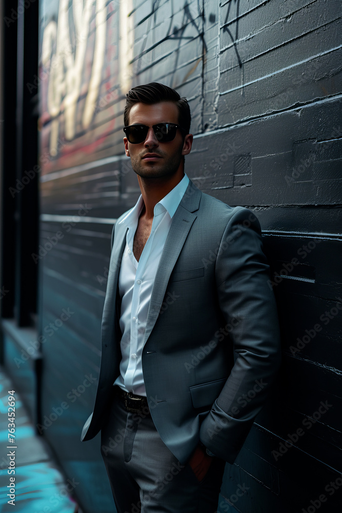 Man in gray suit and sunglasses standing against graffiti wall. Urban fashion portrait with confident pose. Modern men's street style and fashion concept for design and advertising, with copy space