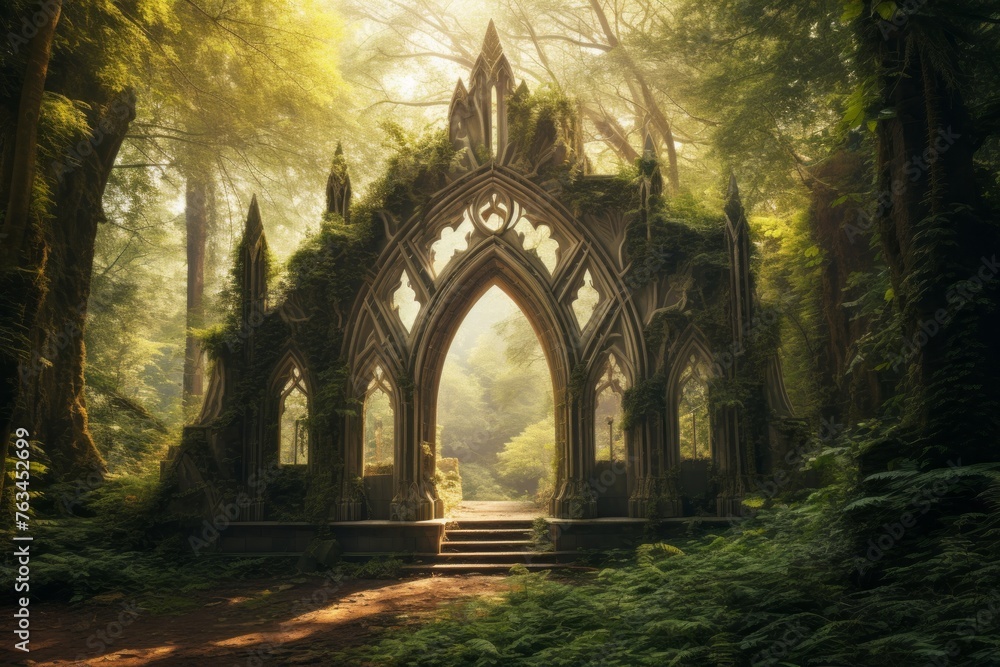 Majestic forest cathedral with towering trees forming a natural arch