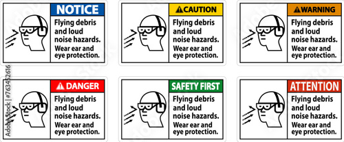 A warning sign depicting the necessity of wearing ear and eye protection due to flying debris and loud noise hazards.