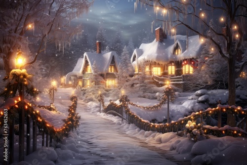 Magical winter wonderland with a snowy landscape and glowing lights.