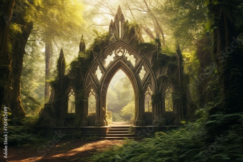 Majestic forest cathedral with towering trees forming a natural arch