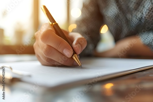 Person at desk preparing to sign a lucrative contract agreement document. Concept Business, Contract Signing, Success, Achievement, Working at Desk