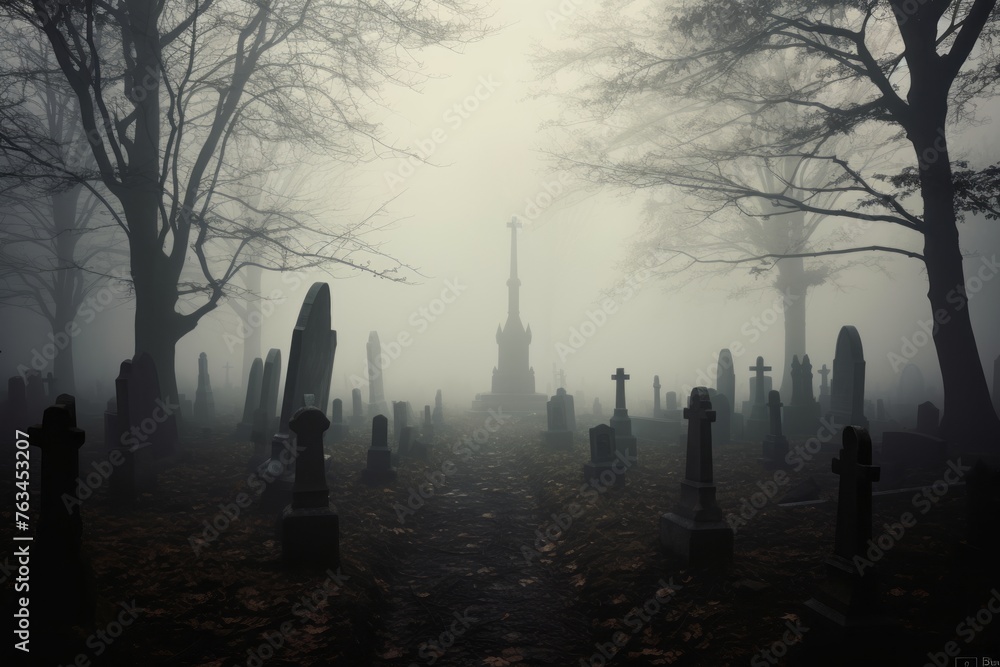 Ominous fog creeping through a graveyard on a dark background.