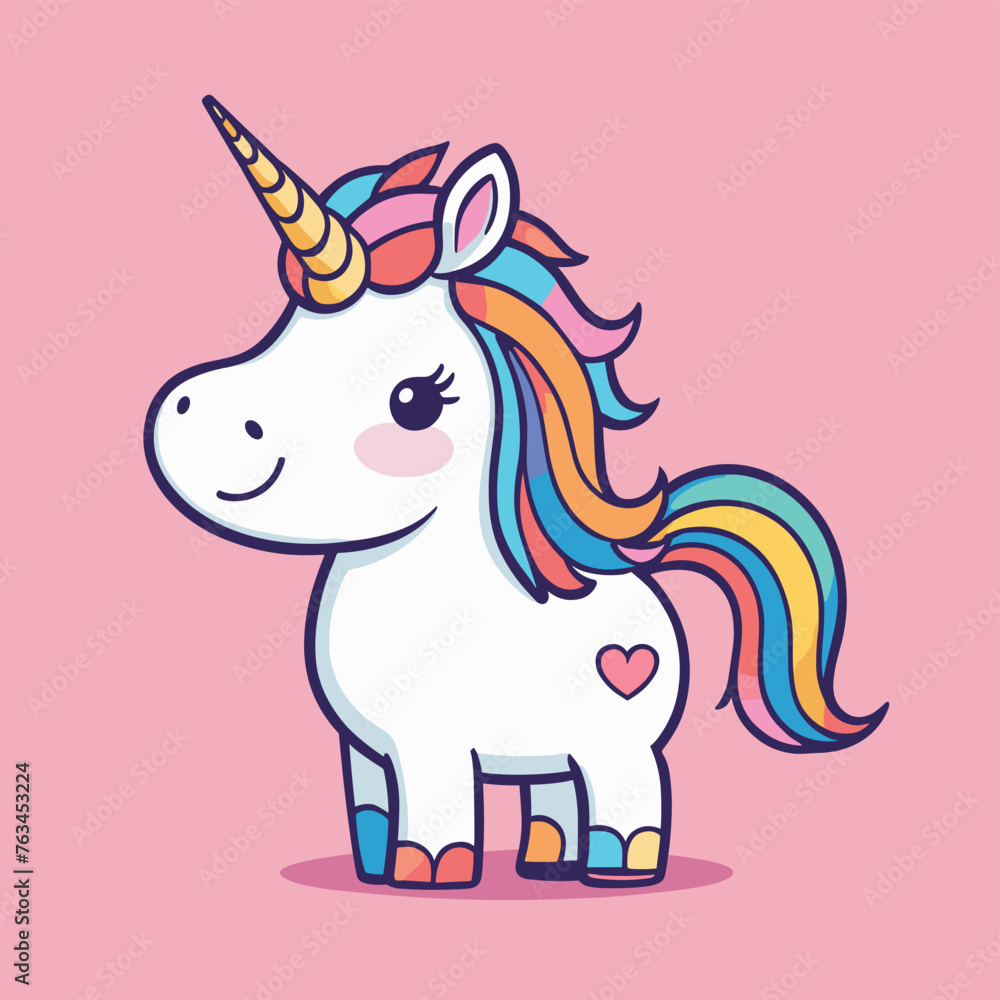 Fototapeta premium Adorable cartoon unicorn with a colorful mane stands against a pink background, exuding a playful and whimsical charm.