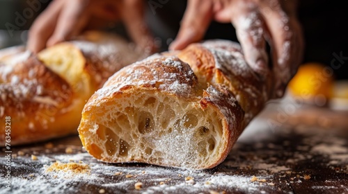 Hands tearing off a piece of freshly baked ciabatta, revealing the porous texture, with flour dust in the foreground