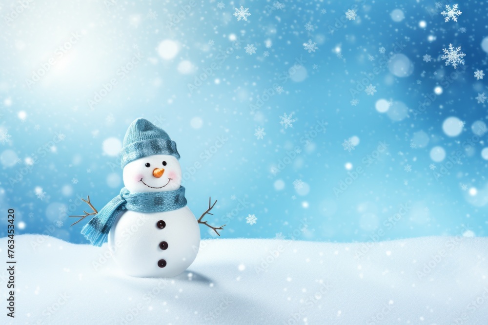 Playful snowman and snowflakes on a wintry blue background.