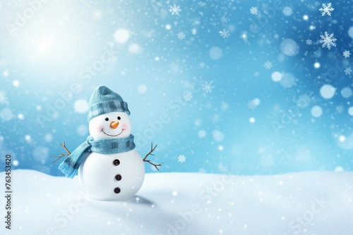 Playful snowman and snowflakes on a wintry blue background. © KerXing