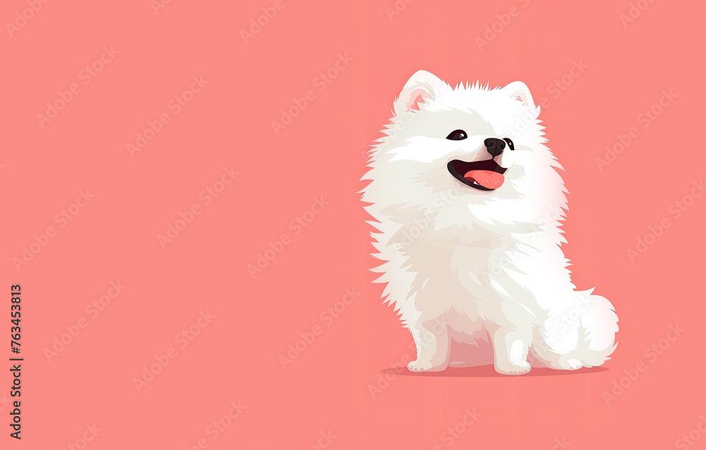 White spitz watercolor portrait painting. Illustrated dog puppy, isolated on pink background.