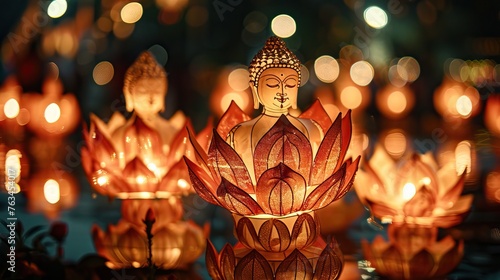 Night light show on water at Vesak festival.Budha birthday concept.