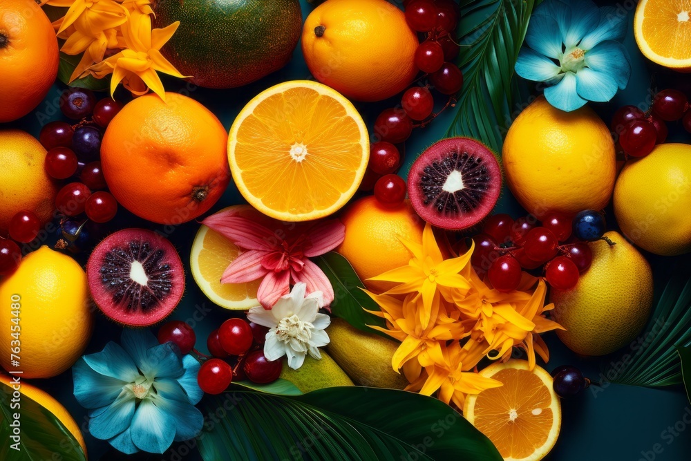 Tropical and vibrant social media background with tropical fruits and colors