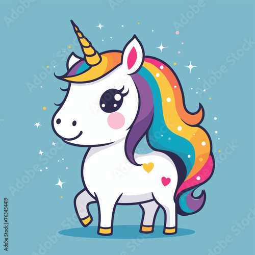 Cute cartoon unicorn with rainbow mane and sparkling background, exuding joy and magic in a whimsical setting.