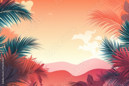 Tropical and paradise-like social media background with palm leaves and sunset hues © KerXing
