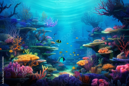 Underwater scene with diverse marine life and vibrant corals