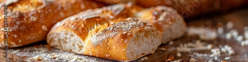 Golden ciabatta bread loaves with a light dusting of flour and scattered grains on a wooden backdrop, highlighted by soft backlighting