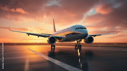 Commercial airliner taking off at sunset or dawn with landing gear down on blurred background