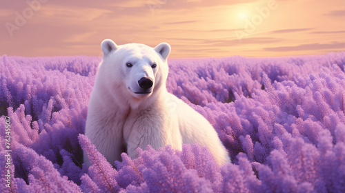 Urso Polar em um campo de lavanda - Papel de parede