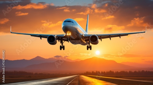 Large commercial jet airliner taking off at sunset with extended landing gear down