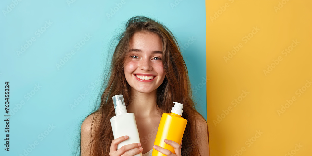 young girl hold blank shampoo bottle and conditioner young girl hold blank shampoo bottle and conditioner