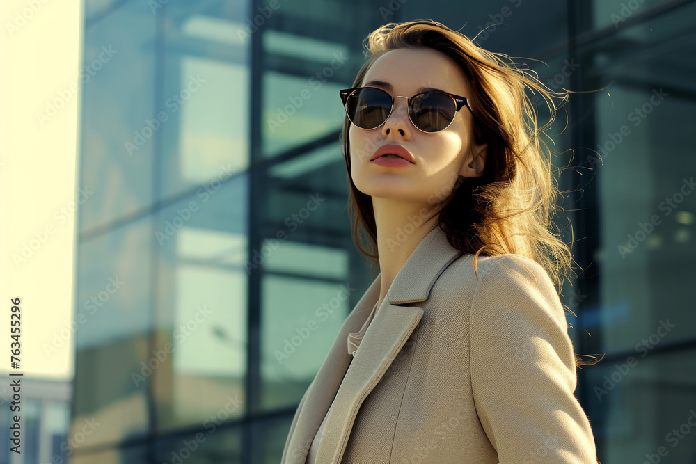 Fashionable businesswoman in stylish sunglasses and chic beige coat stands before modern glass building, her gaze fixed confidently on horizon, symbolizing ambition and contemporary business elegance Fashionable businesswoman in stylish sunglasses and chic beige coat stands before modern glass building, her gaze fixed confidently on horizon, symbolizing ambition and contemporary business elegance