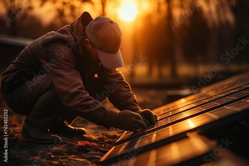 Engineer working on maintenance of solar panels in solar power station, clean energy concept