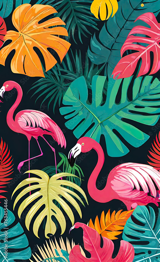 Naklejka premium Vector illustration, modern collage of floral illustrations of tropical elements, palm leaf, logo for greeting card, background or label, smartphone backgrounds,