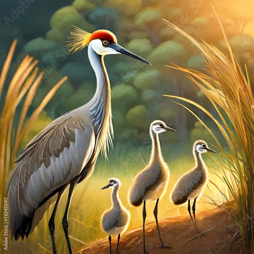 Sand Hill Crane Mother and her Colt Chicks, Animal Mothers are Fun, Animals are Fun series by Zen Curio Shop