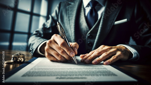 Businessman hands holding a pen over an important document, ready to be signed. 