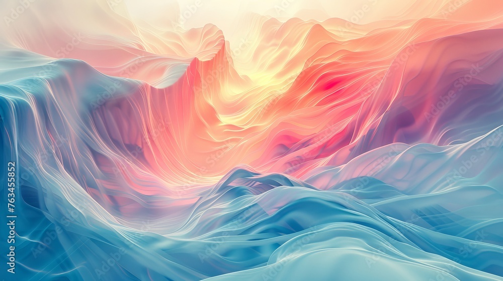A vast, ethereal landscape sculpted from flowing lines of code. Soft pastel colors and a sense of serenity.
