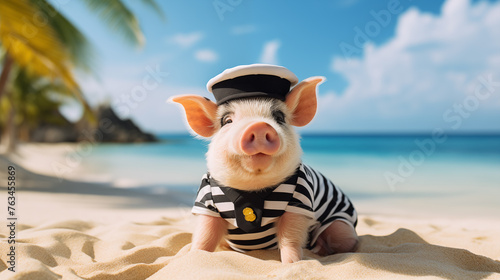 Cute little pig in sailor costume at tropical beach. Summer vacation concept