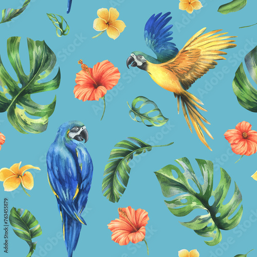 Tropical palm leaves  monstera and flowers of plumeria  hibiscus  bright with blue-yellow macaw parrot. Hand drawn watercolor botanical illustration. Seamless pattern on a blue background