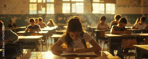 A student with her head in her hands looking overwhelmed in a sunlit classroom filled with other students