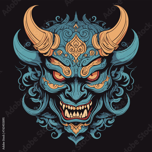 Intricate Japanese oni mask with vibrant blue and orange details, depicting a fierce expression and ornate design.