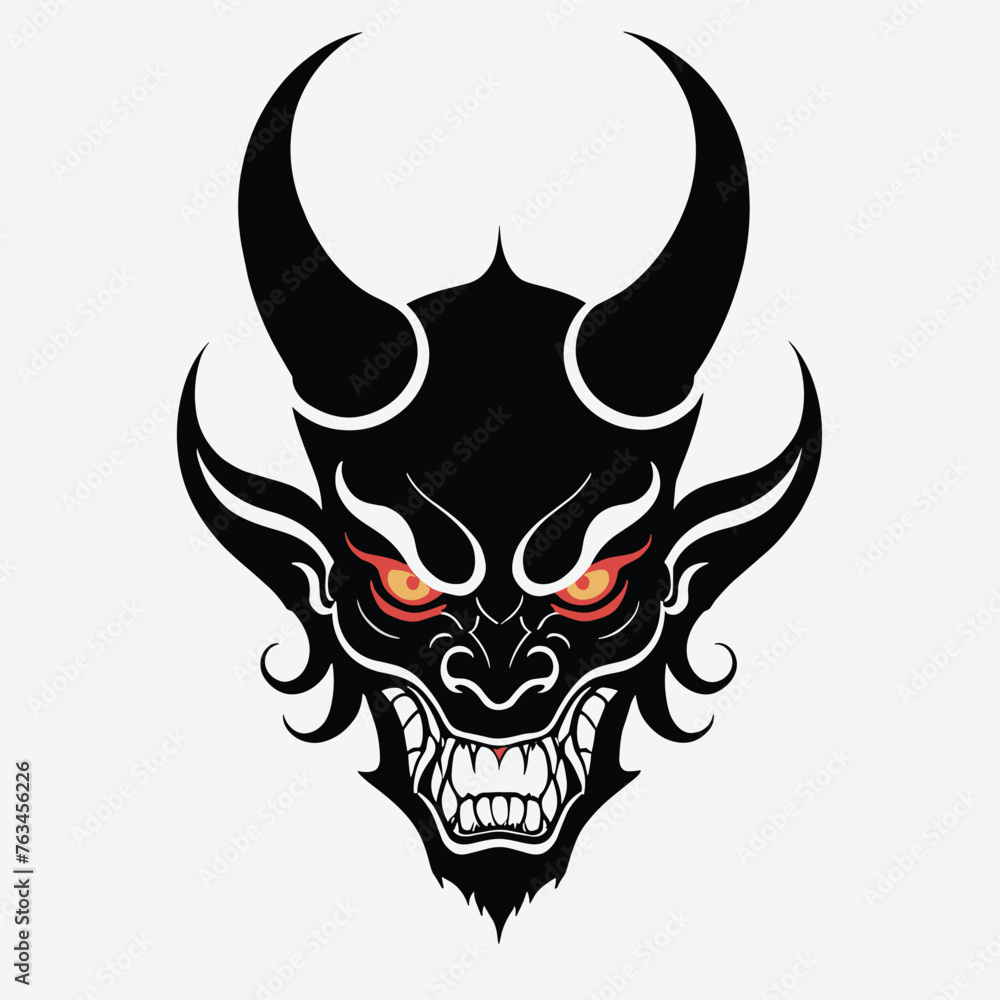 Illustration of a fierce demon face with horns and glowing eyes, featuring intricate black and red details against a plain background. Illustration of a fierce demon face with horns and glowing eyes, featuring intricate black and red details against a plain background.