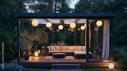 Serene dusk ambience in a modern outdoor patio with paper lanterns and luxe corner sofa