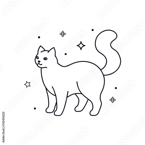 A cute cat outline drawing vector, stars and galaxies incorporated into its design.