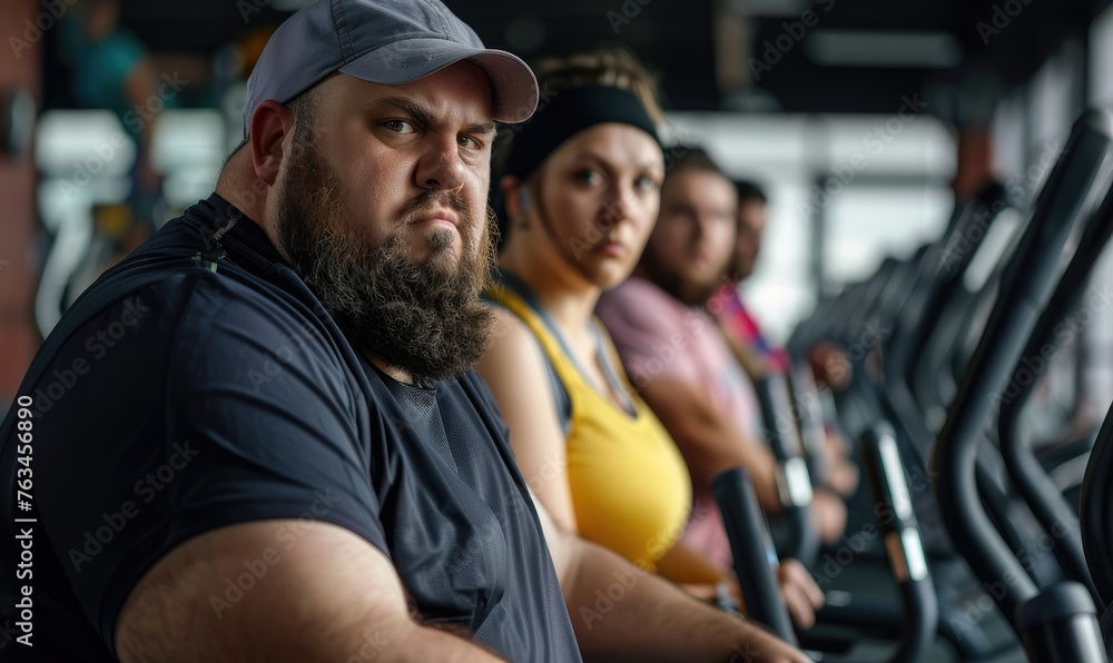 Group of fat or oversize people working out on treadmills at a gym, focused on fitness and leading a healthy lifestyle Group of fat or oversize people working out on treadmills at a gym, focused on fitness and leading a healthy lifestyle