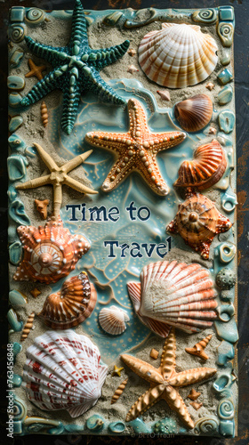 Time to Travel spelled with letter tiles on a sandy background adorned with colorful seashells and a green starfish, evoking beach vacation and travel themes