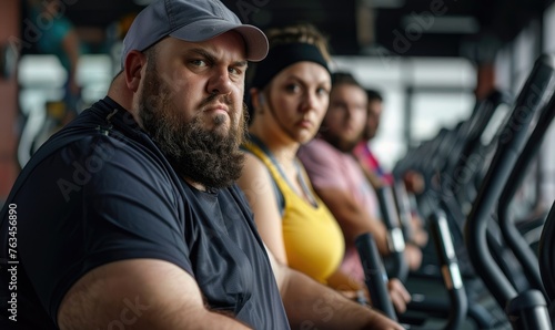 Group of fat or oversize people working out on treadmills at a gym  focused on fitness and leading a healthy lifestyle