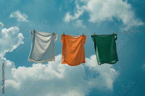 clothes drying under sky on a string with clips