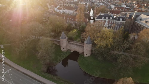 Aerial video of the medieval gate of Koppelpoort in Amerspoort, Netherlands photo