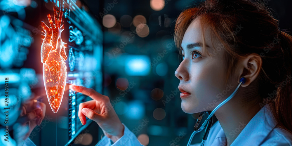 Female medical professional analyzing a holographic heart display, symbolizing advanced healthcare technology in diagnostics and medical research Female medical professional analyzing a holographic heart display, symbolizing advanced healthcare technology in diagnostics and medical research